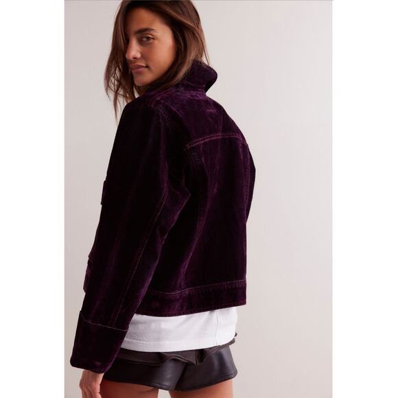 We The Free Suzy Flocked Denim Jacket NWT Wine Burgundy Size M - Picture 2 of 12